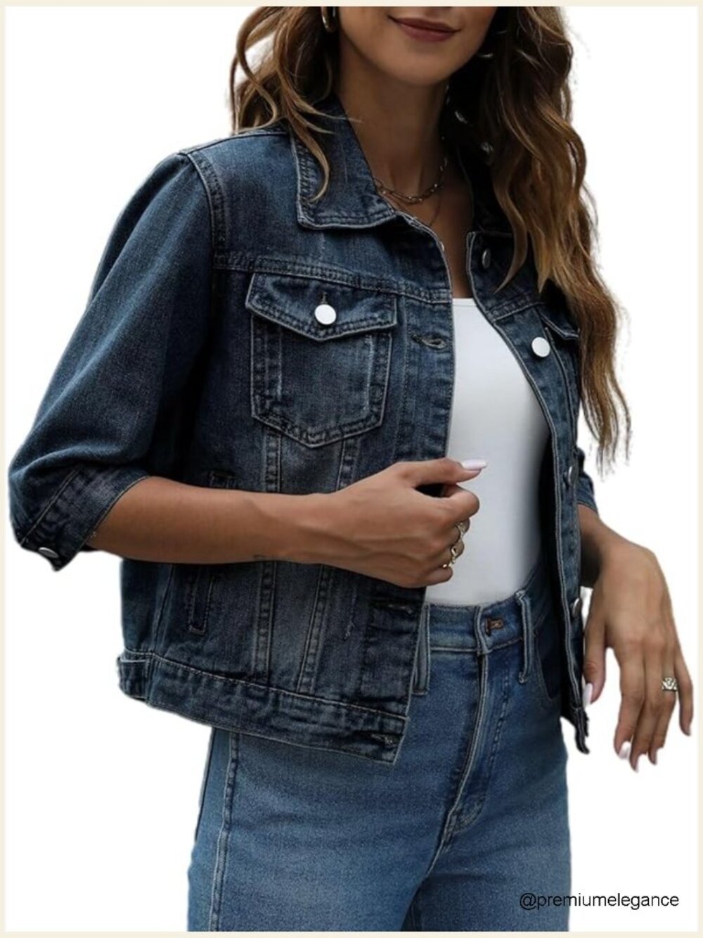 Cropped 3/4 Sleeve Denim Jacket Button Down Trucker Jean Jacket Coat